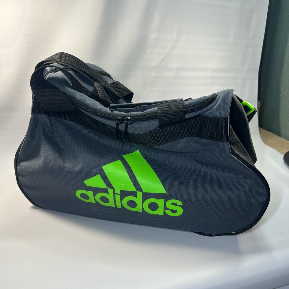 Adidas Gray/Green Sports Duffle, Small Gym Bag 17”x10”